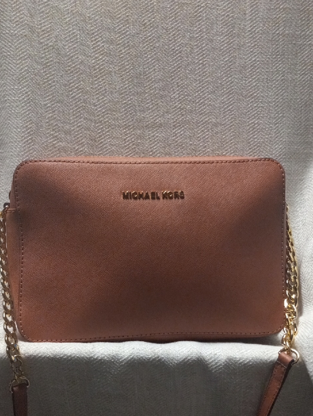 Michael Kors Rose Gold Saffiano Crossbody with Gold Chain
